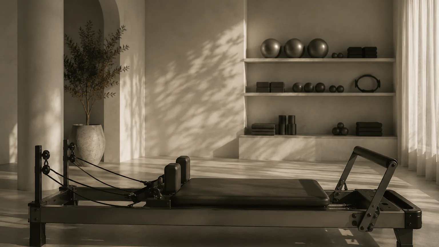 Reformer de pilates en la sala de un estudio boutique, con luz natural