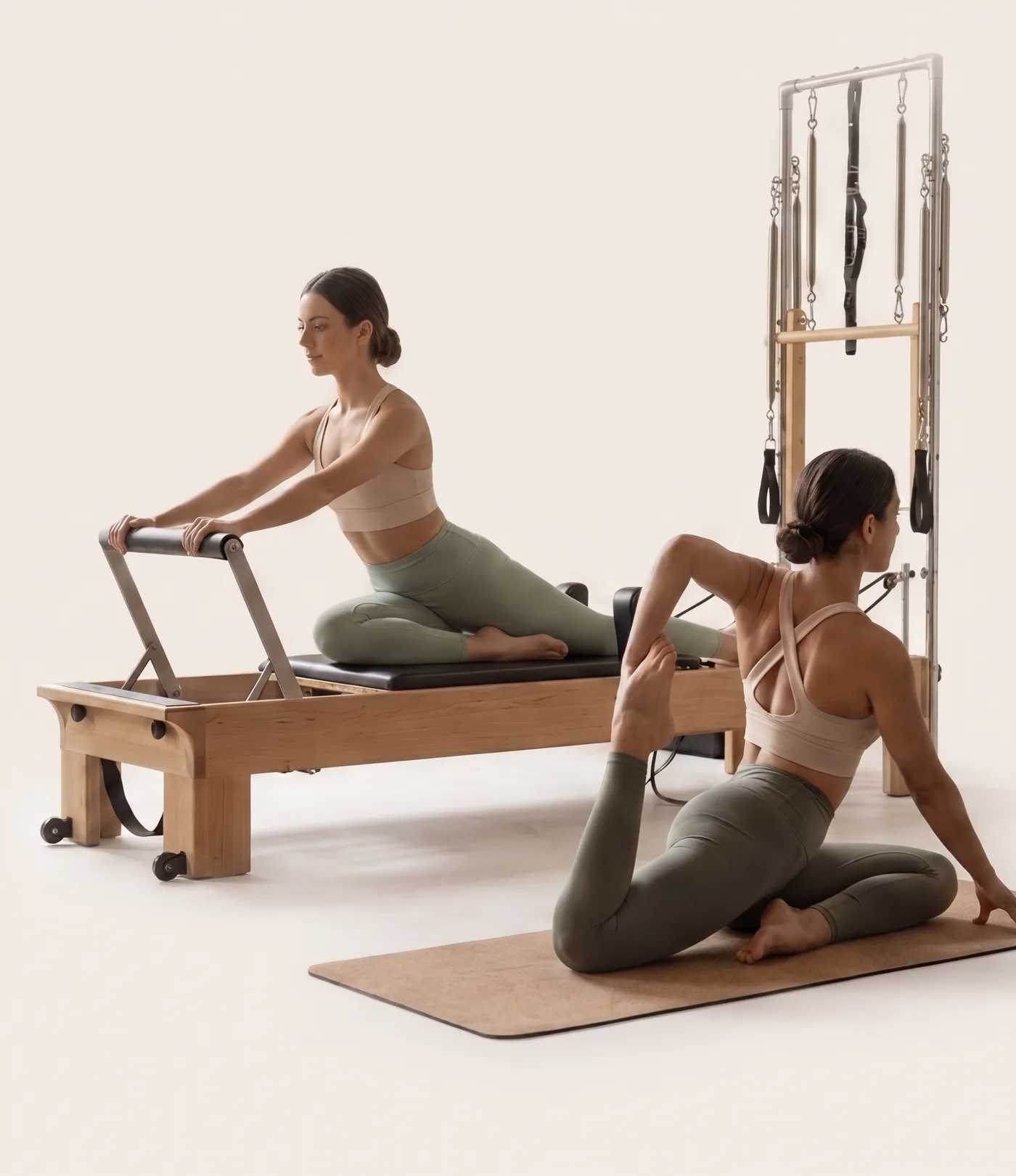 Dos alumnas practicando pilates reformer en un estudio boutique
