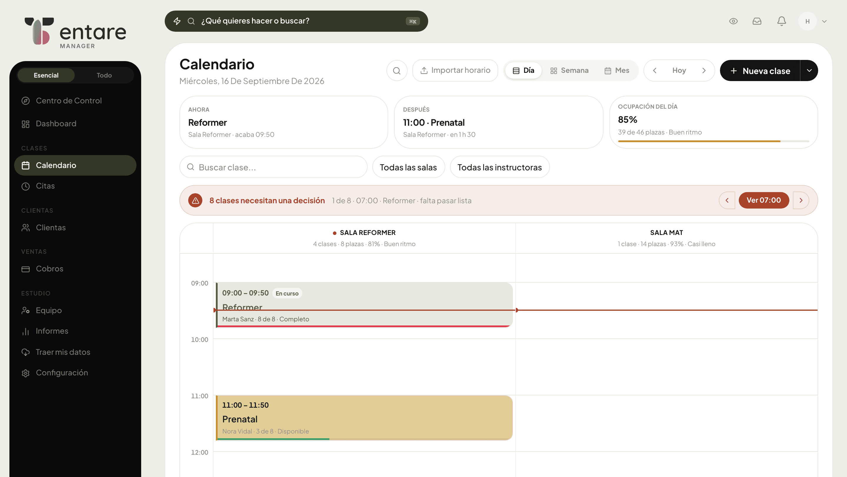Calendario de Tentare en vista de día, con las salas en columnas, sus plazas y la ocupación del día