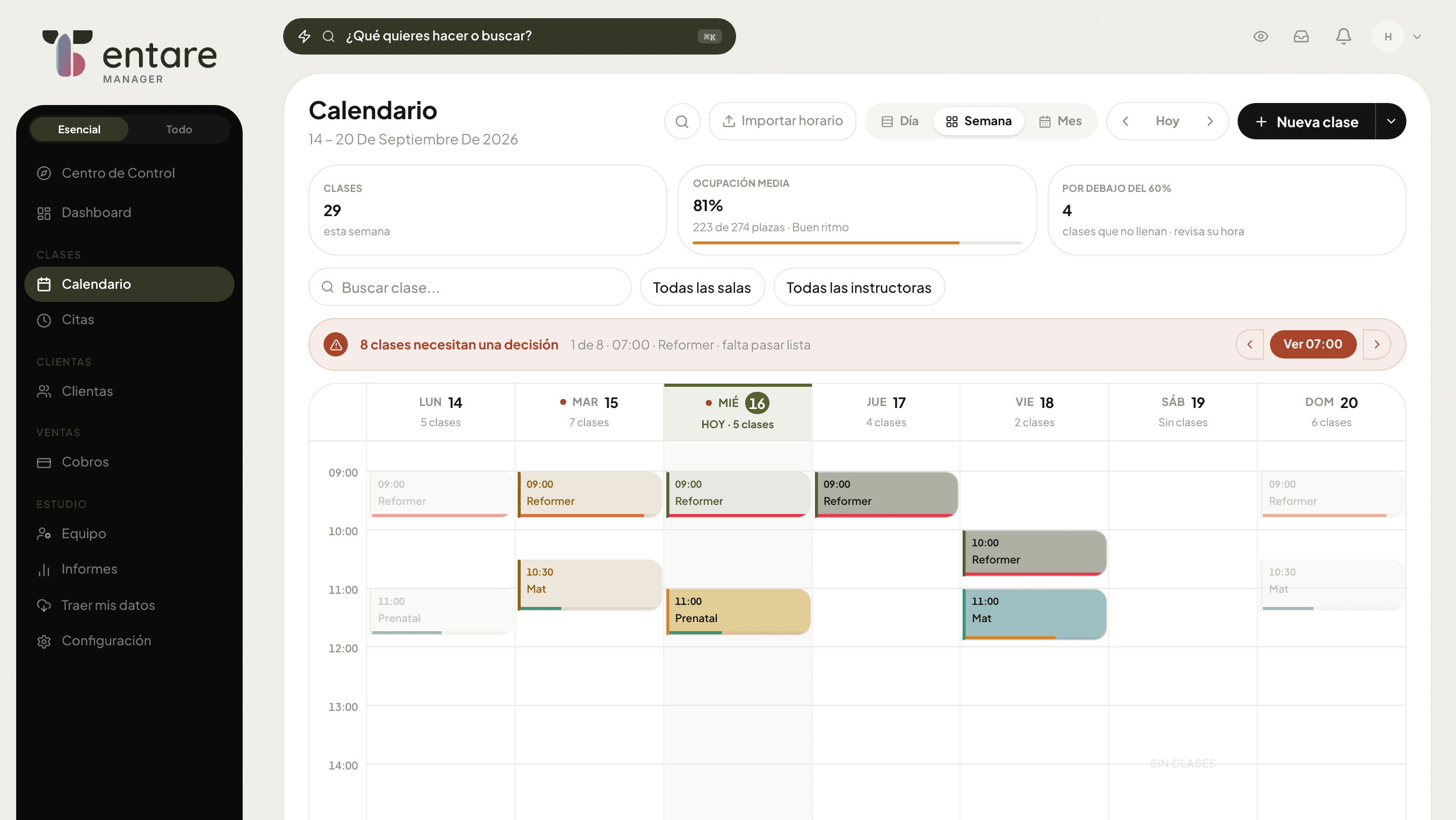 Calendario semanal de Tentare con las clases de un estudio de Pilates