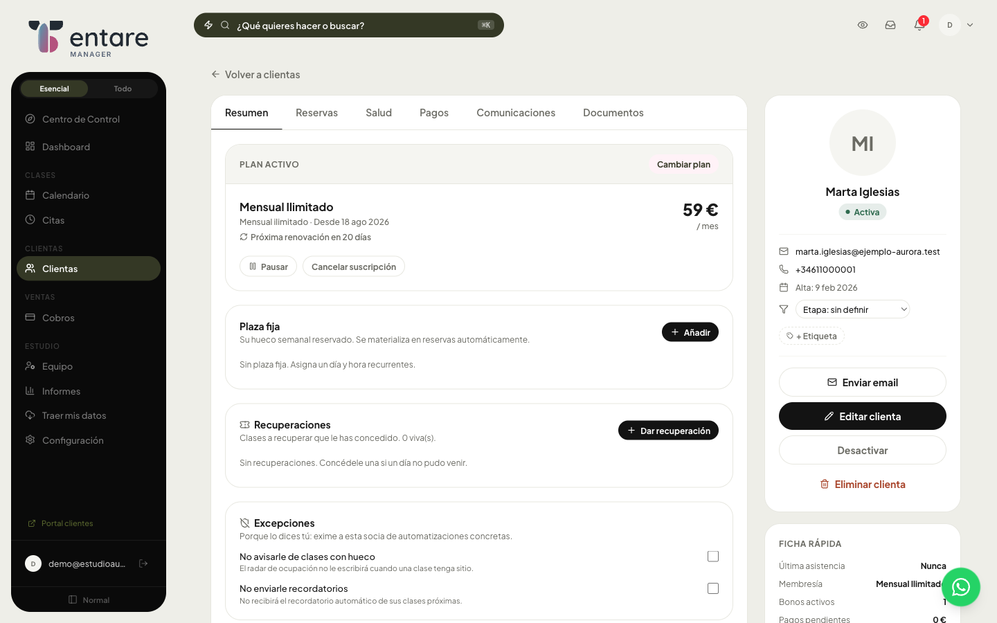 Ficha de una clienta: plan activo, clase fija, recuperaciones y excepciones de automatizaciones