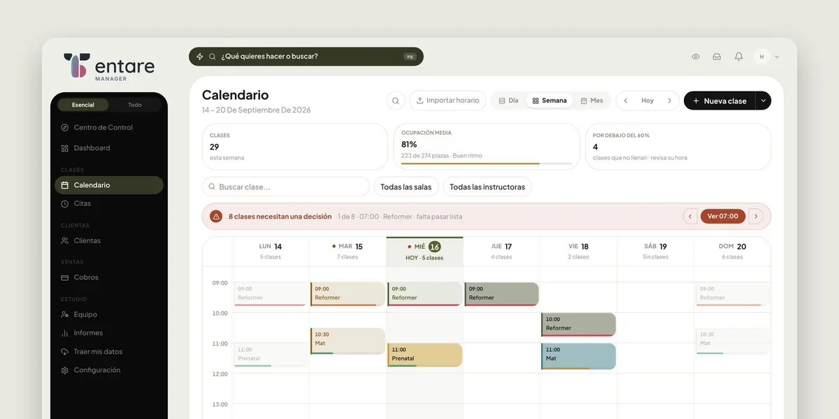 Calendario semanal de un estudio de pilates en el panel de Tentare, con la ocupación media de la semana y las clases de reformer, mat y prenatal