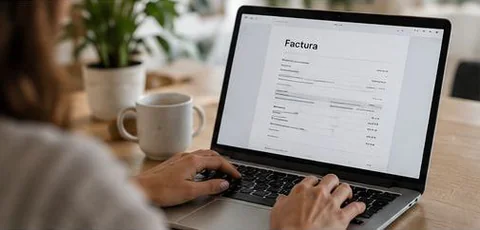 Escena ilustrativa: unas manos escriben en un portátil que muestra una factura, junto a una taza en una mesa de madera