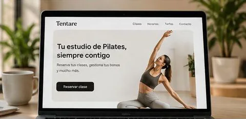 Escena ilustrativa: un portátil con la web de un estudio de Pilates y un botón para reservar clase